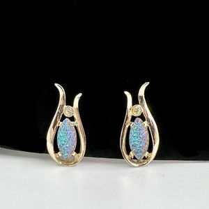 Vintage Emmons Opalized Iridescent Glass & Rhinestones Clip On Earrings